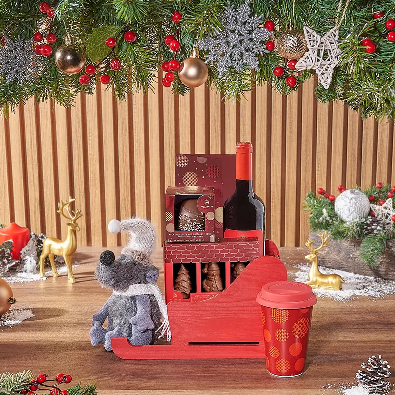 Holiday Sleigh with Wine Gift Basket