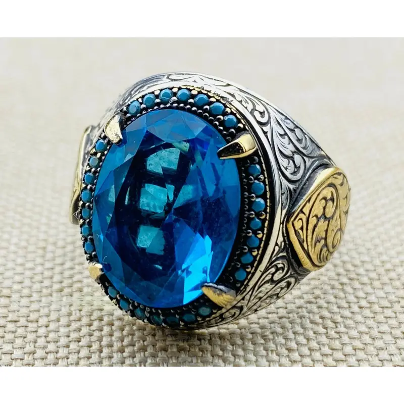 Men's Aquamarine Stone Blue 925 Sterling Silver Ring