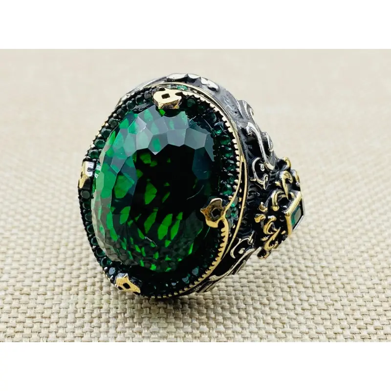 Men's Cubic Zircon Stone Green 925 Sterling Silver Ring