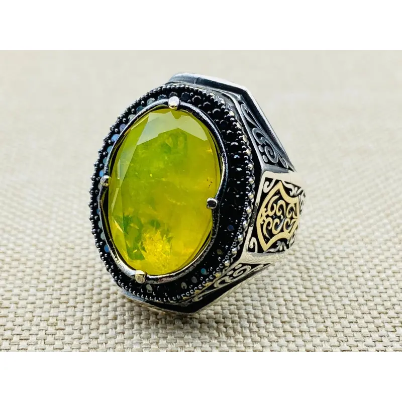 Yellow Tourmaline Men's Silver Ring