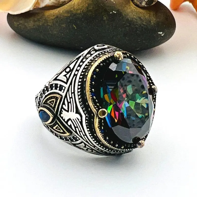 Exquisite Men's Mystic Topaz Oval Stone Silver Ring