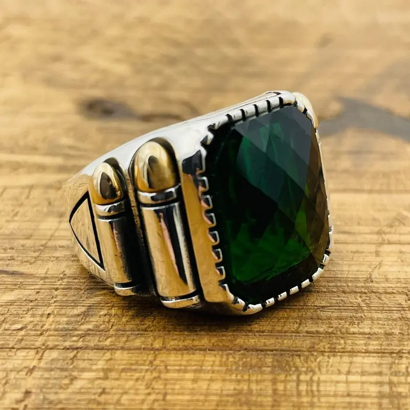 Green Emerald Square Stone Men's Silver Ring