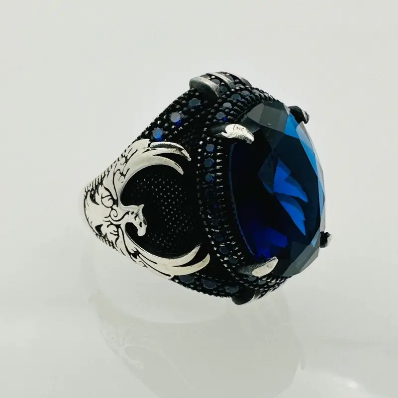 Handmade Men's Eagle Blue Sapphire Silver Ring