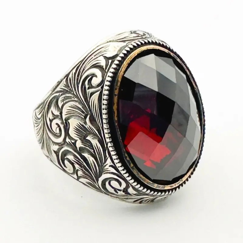 Handmade Men's Ruby Stone Silver Ring