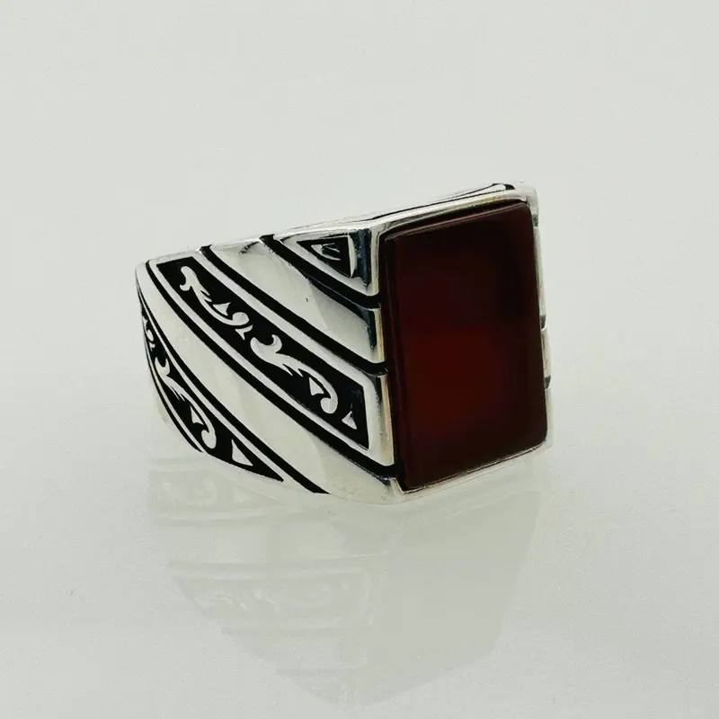 Men's Natural Green Agate Square Sterling Silver Ring