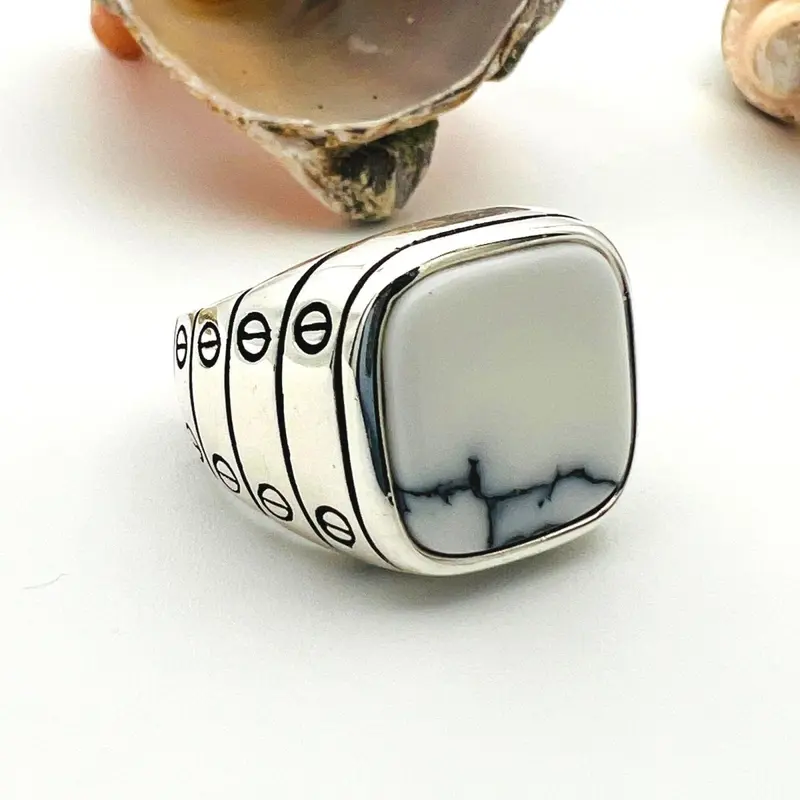 Men's White Turquoise Gemstone Silver Ring