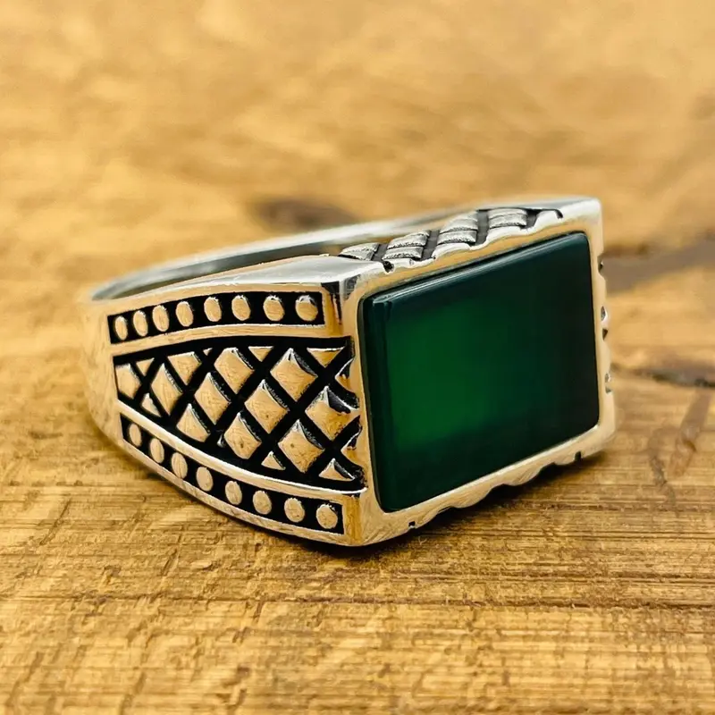 Men's Rectangle Green Agate Stone Ring