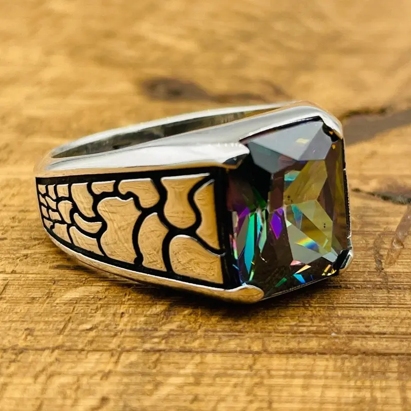 Minimalist Square Multicolor Mystic Topaz Stone Puzzle Patterned Men's Ring