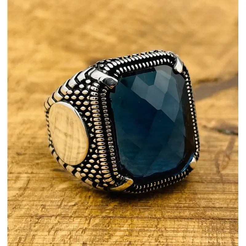 Men's Blue Sapphire Stone Silver Ring
