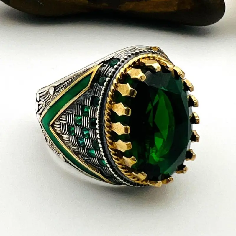 Men's Green Emerald Oval Stone Silver Ring