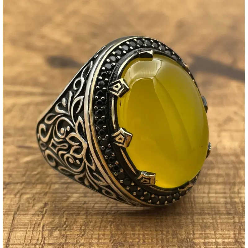 Men's Yellow Agate Stone Silver Ring