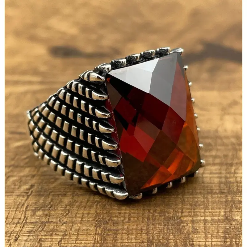 Sterling Silver 925 Handmade Red Zircon Men's Ring