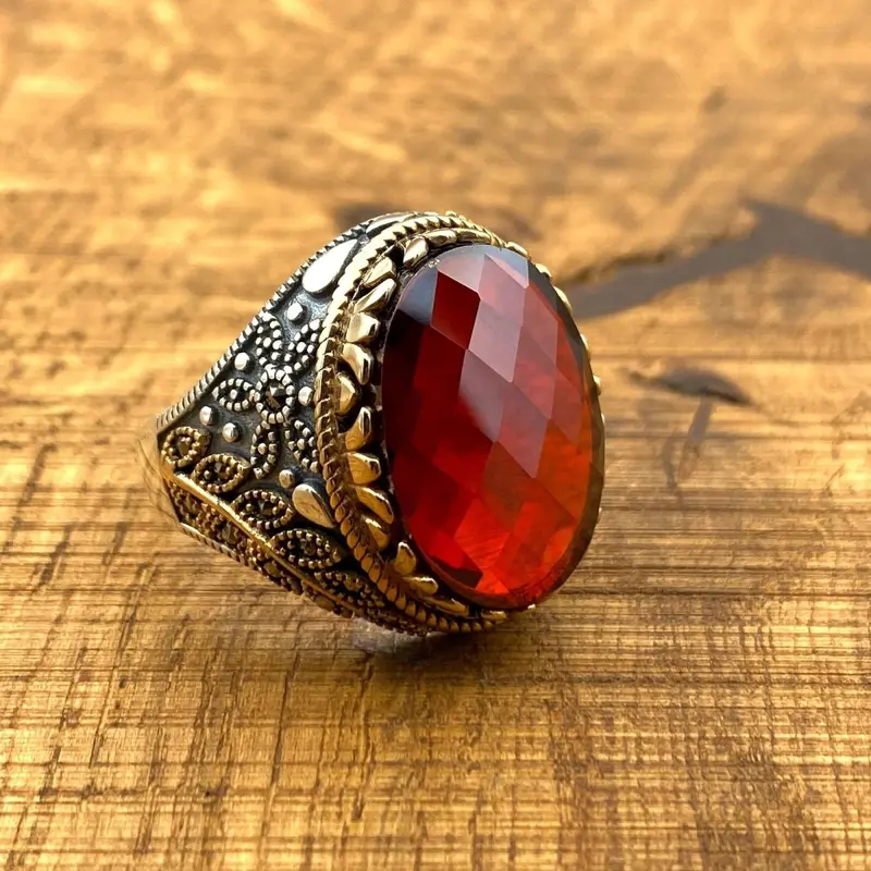 Artisan Crafted Ottoman Style Men's Ring - 925 Sterling Silver with Red Zirconia Stone | Unique Gift for Him