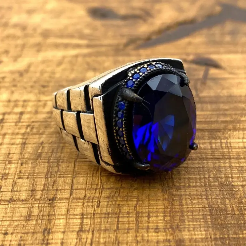 Artisan Men's Blue Sapphire 925 Sterling Silver Ring with Unique Watch Band Design & CZ Accents