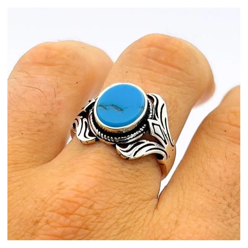 Authentic Turkish Handmade Men's 925 Sterling Silver Turquoise Ring