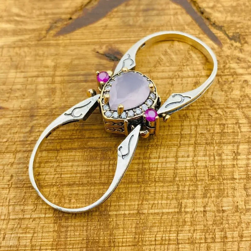 Exquisite Handmade Reversible Ring | Pink Quartz & Turquoise 925 Sterling Silver Gift for Her