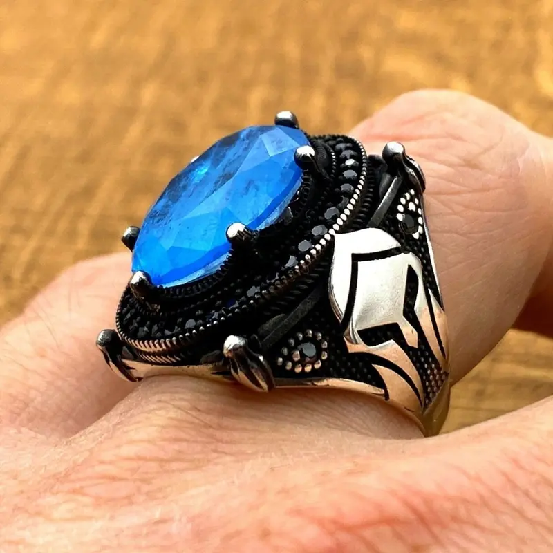 Exquisite Men's Turkish Handmade 925 Sterling Silver Blue Tourmaline Statement Ring
