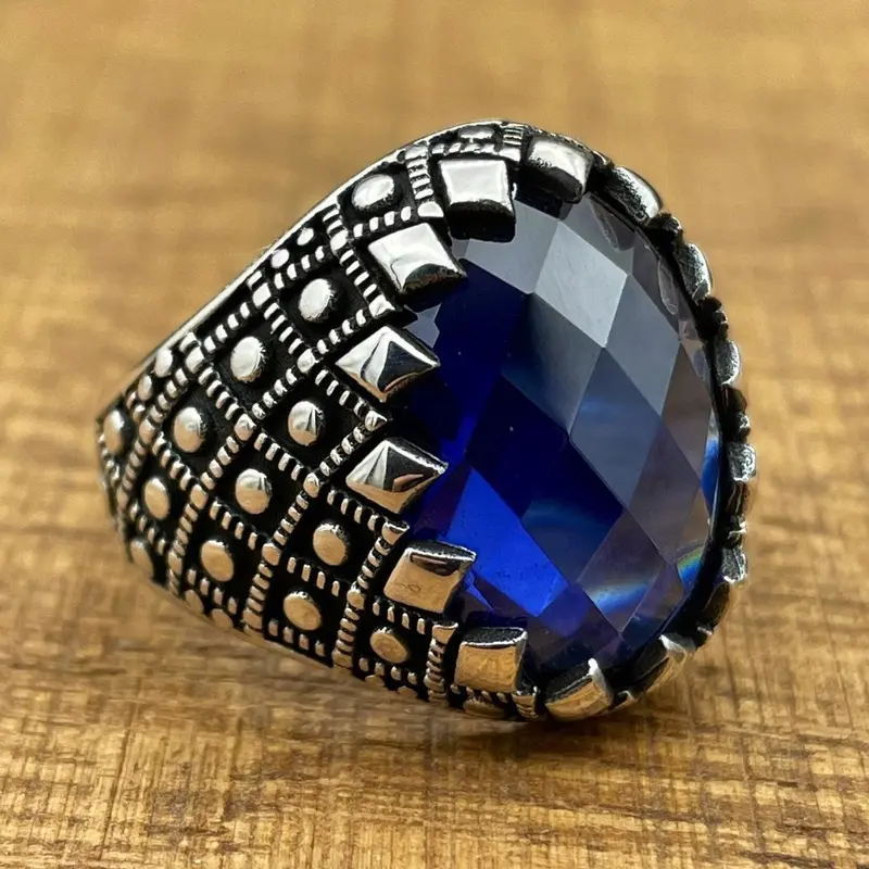 Handcrafted Ottoman Style Men's 925 Sterling Silver Ring with Oval Blue Zircon Stone - Elegant Gift for Him
