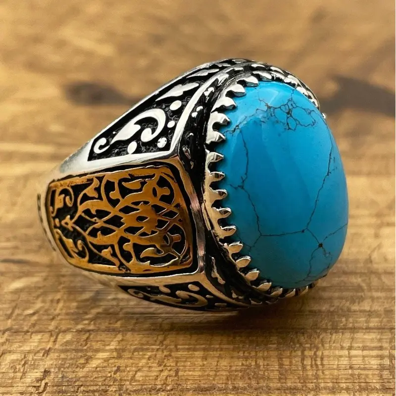 Handmade 925 Sterling Silver Men's Ring | Ottoman Style Oval Blue Turquoise | Elegant Gift for Him