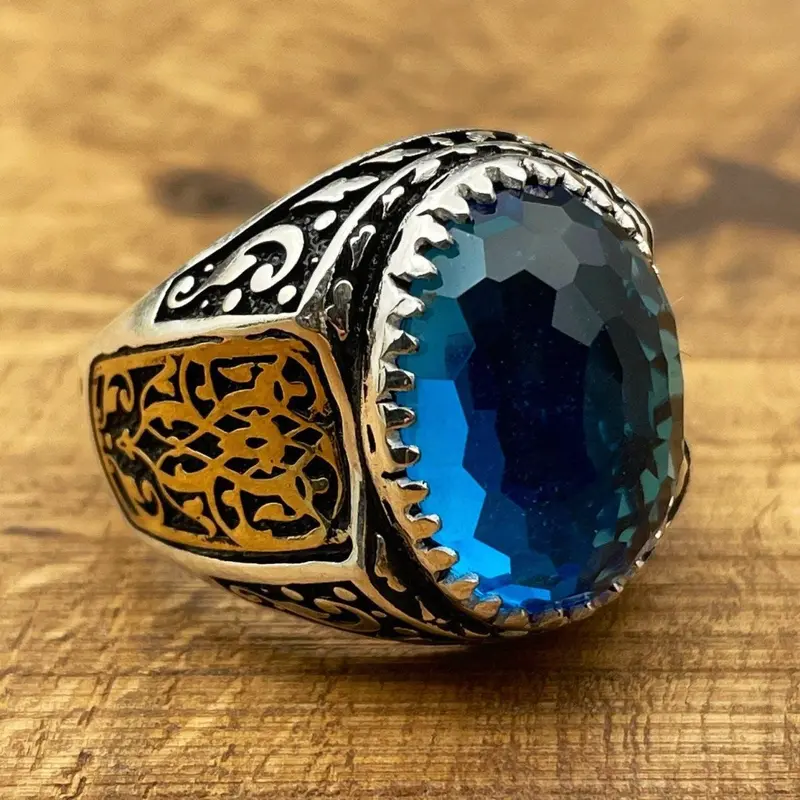 Handmade Men's Ottoman Style 925 Sterling Silver Ring with Oval Blue Aquamarine Stone