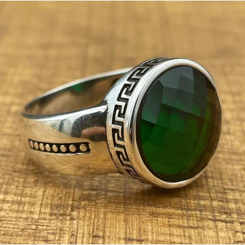 Handmade Minimalist Oval Green Zircon 925 Sterling Silver Unisex Ring - Elegant Gift