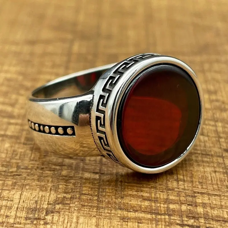 Handmade Minimalist Unisex 925 Sterling Silver Oval Red Agate Ring - Stylish & Elegant Gift