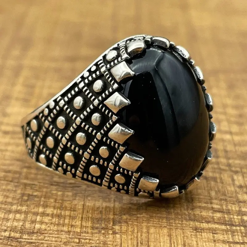 Handmade Sterling Silver Men's Ottoman Oval Black Onyx Ring