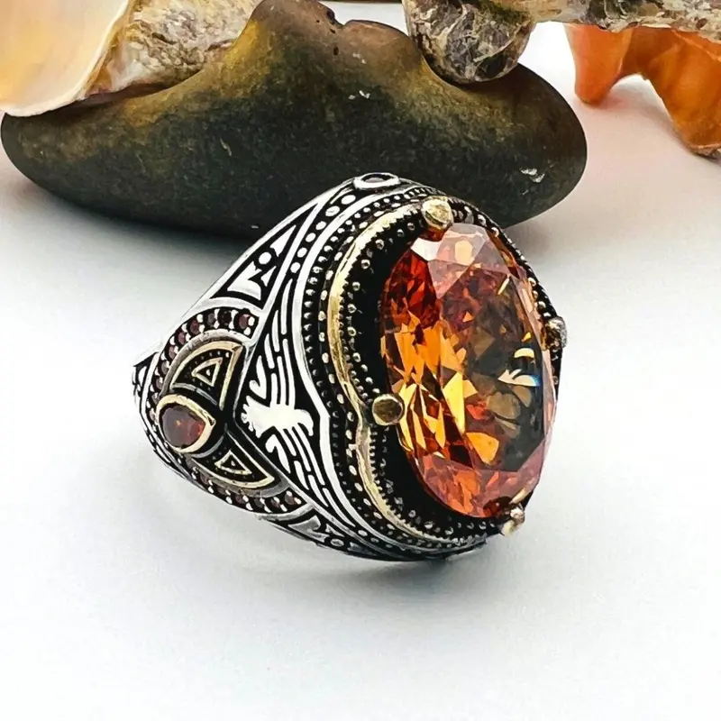 Men's Luxury Ottoman Style 925 Sterling Silver Ring | Champagne Citrine & Eagle Detail | Turkish Handmade