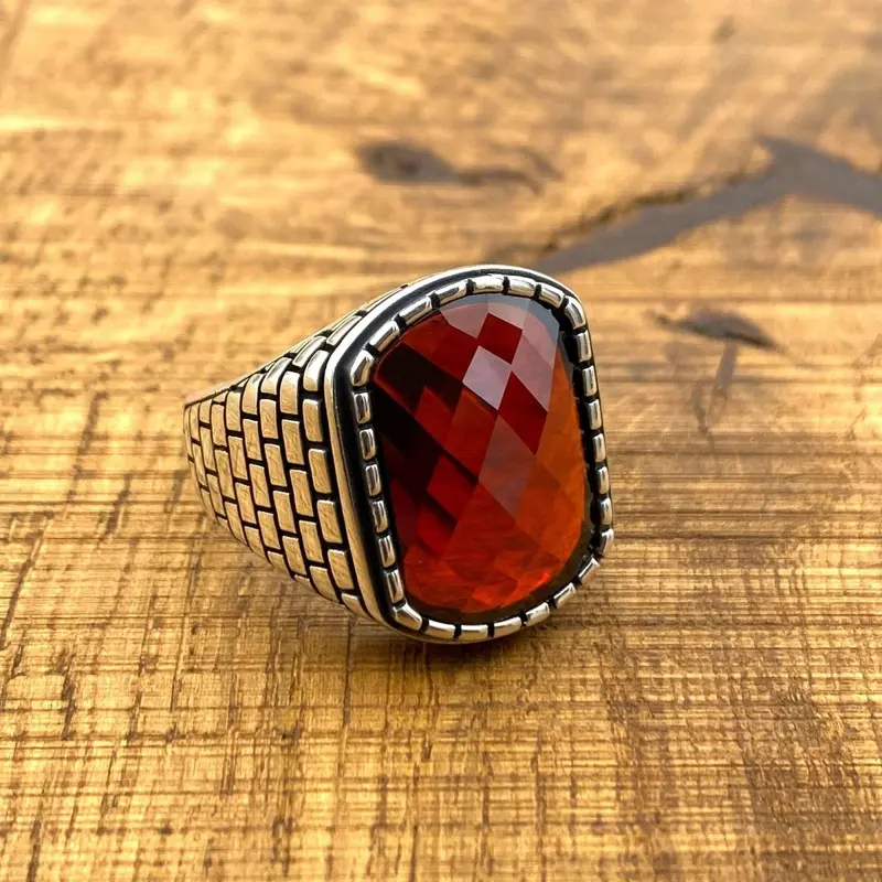Turkish Handmade Men's 925 Sterling Silver Ring | Square Red Zircon Stone | Minimalist Design Gift