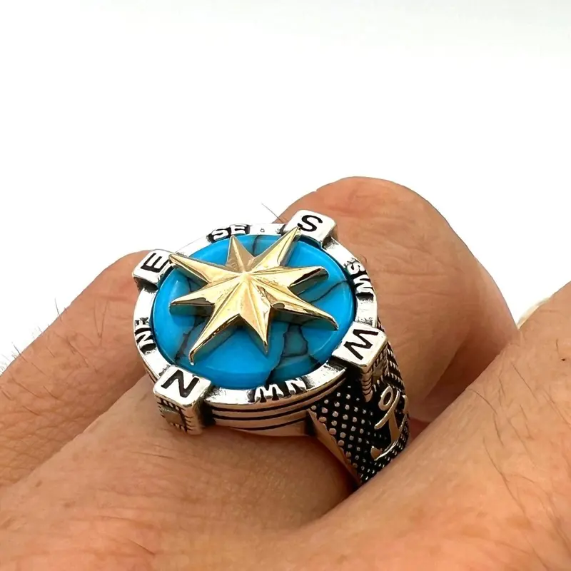 Turkish Handmade Men's 925 Sterling Silver Turquoise Statement Ring - Unique Gift for Him