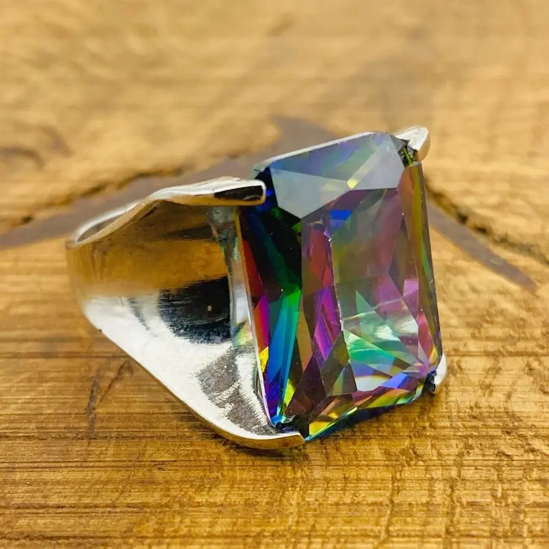 Genuine Mystic Topaz Stacking Ring | Handcrafted 925 Sterling Silver for Women | Unique Big Stone Gift