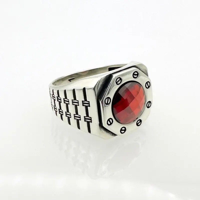 Men's Handmade 925 Sterling Silver Red Zircon Ring - Minimalist Round Stone, Unique Gift for Him