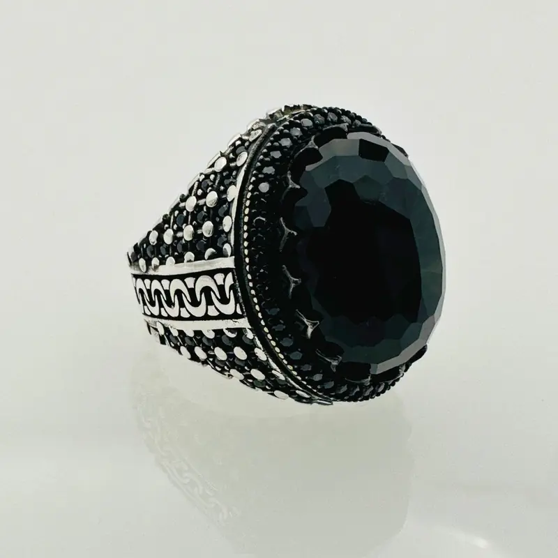 Elegant Handmade Men's Black Zircon Ring - Premium 925 Sterling Silver Oval Design, Gift-Ready