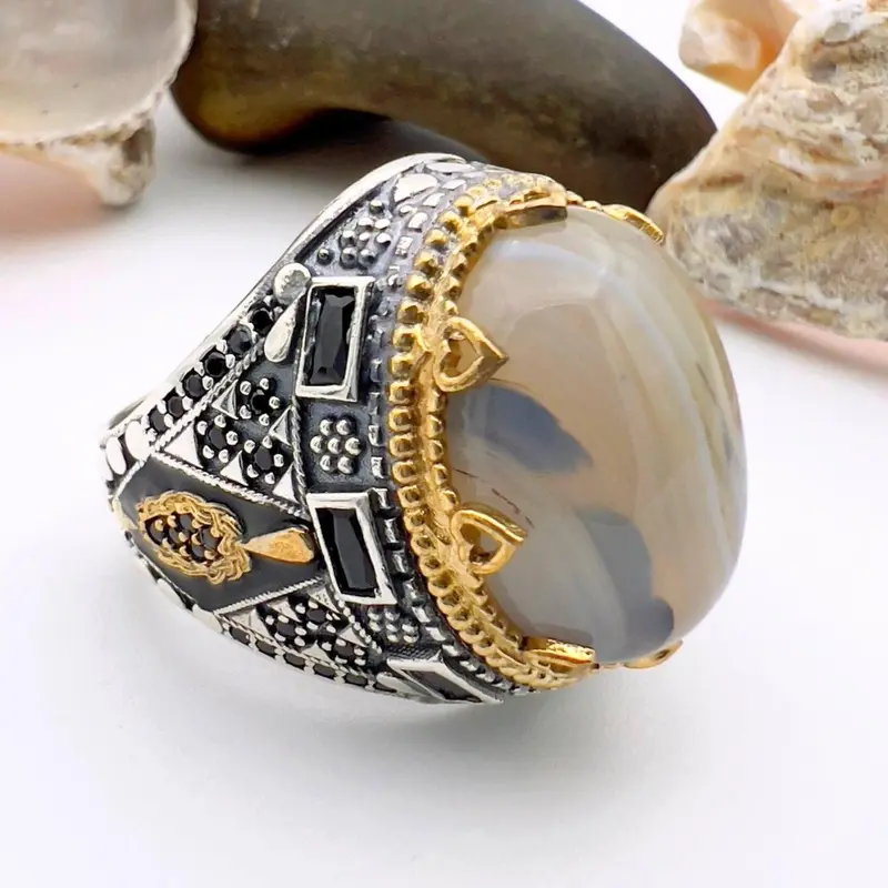Exquisite Men's Brown Topaz Agate Ring | Turkish Handmade Yemeni Aqeeq | 925 Sterling Silver Ottoman Style Jewelry