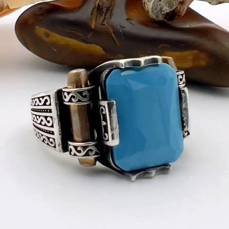 Exquisite Turkish Handmade 925K Sterling Silver Blue Turquoise Squared Unisex Ring | Artisan Crafted Statement Piece