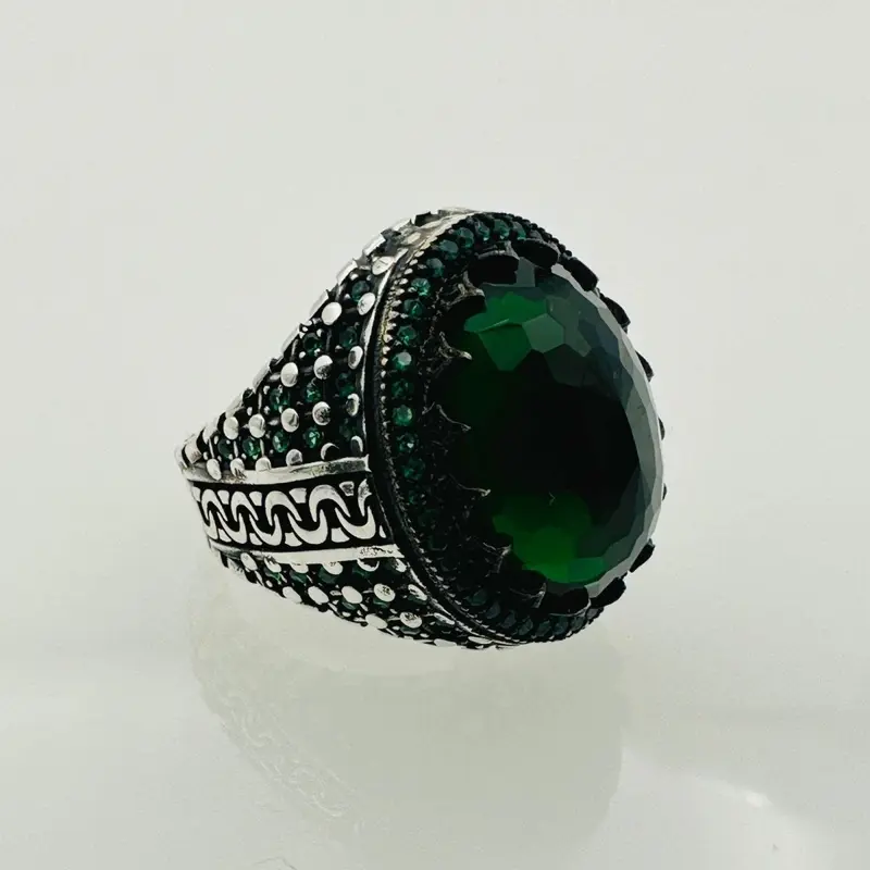 Handcrafted Men's 925 Sterling Silver Ring - Vintage Oval Green Zircon Gemstone Jewelry