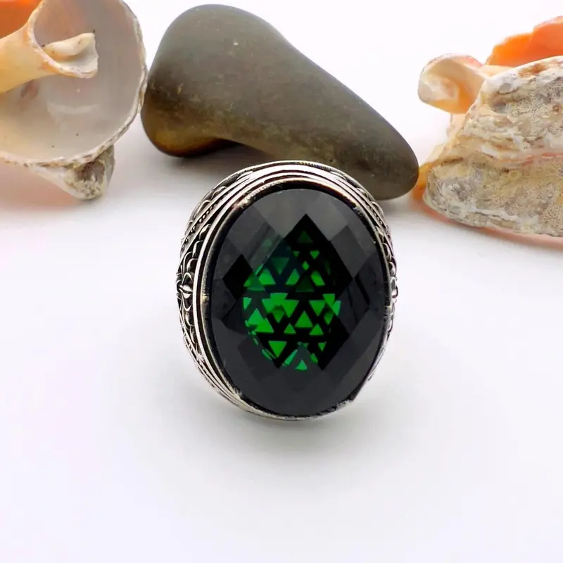 Handcrafted Ottoman Style Men's Ring: 925K Sterling Silver with Oval Green Emerald