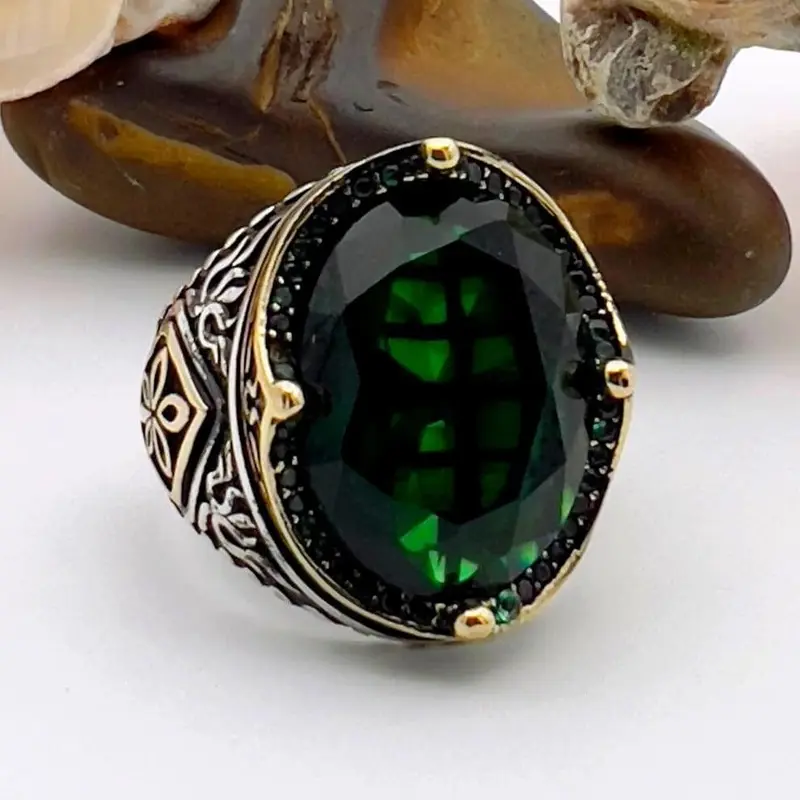 Handcrafted Turkish Ottoman Men's Ring | Green Emerald Oval Sterling Silver