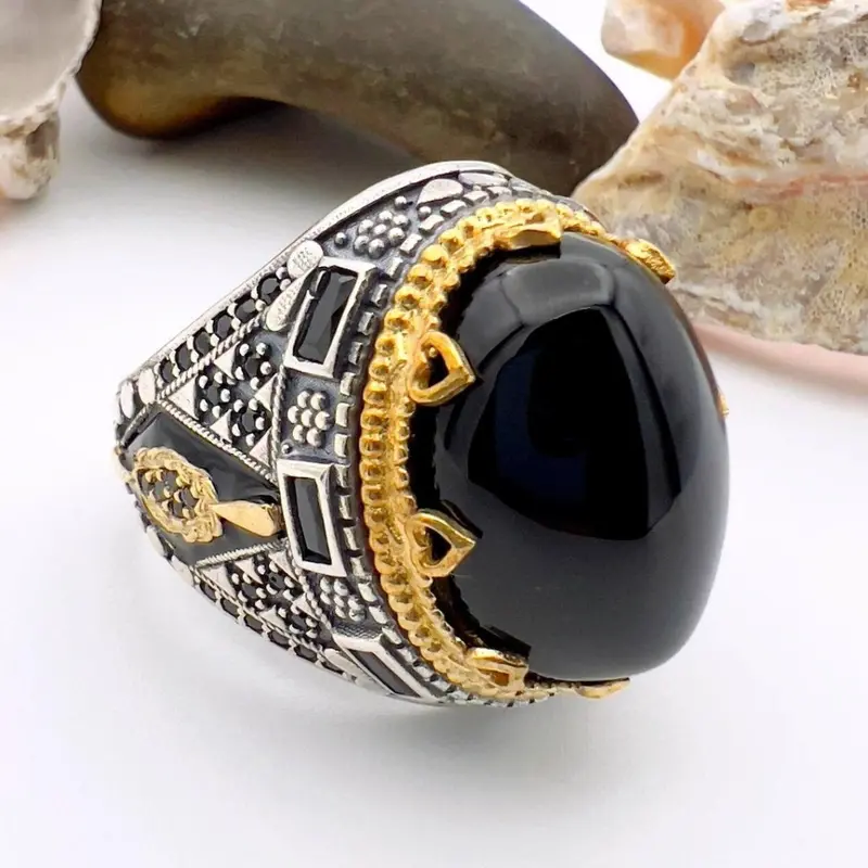 Handmade Ottoman Style Black Onyx Topaz Men's Ring - 925 Sterling Silver Statement Jewelry