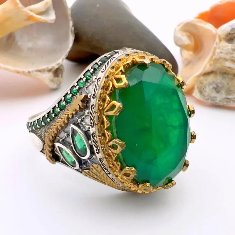 Luxury Turkish Handmade Men's Ring: Green Oval Tourmaline & 24K Gold Plated Sterling Silver