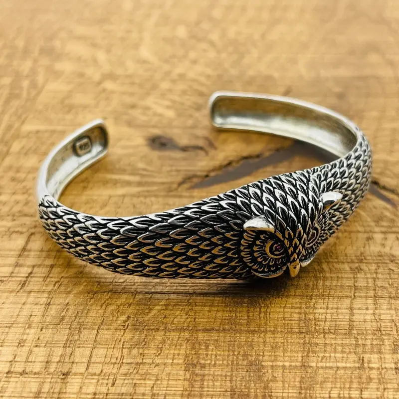 Men's 925 Sterling Silver Owl Cuff Bracelet - Handmade Adjustable Statement Piece