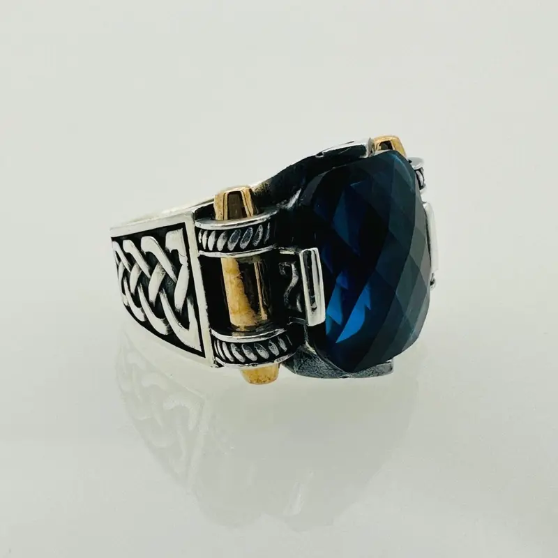 Men's Authentic Ottoman Blue Zircon 925 Sterling Silver Ring - Handmade Statement Gift for Him