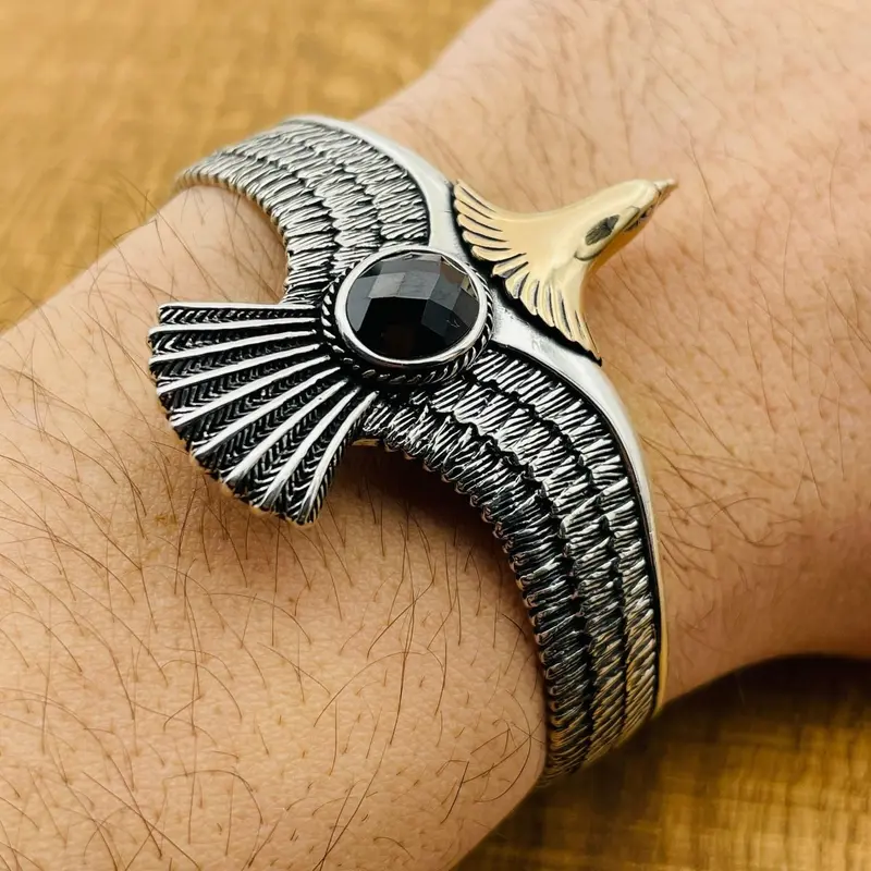 Men's Bold Eagle 925 Sterling Silver Adjustable Cuff Bracelet with Black Zircon - Handcrafted Statement Jewelry Gift