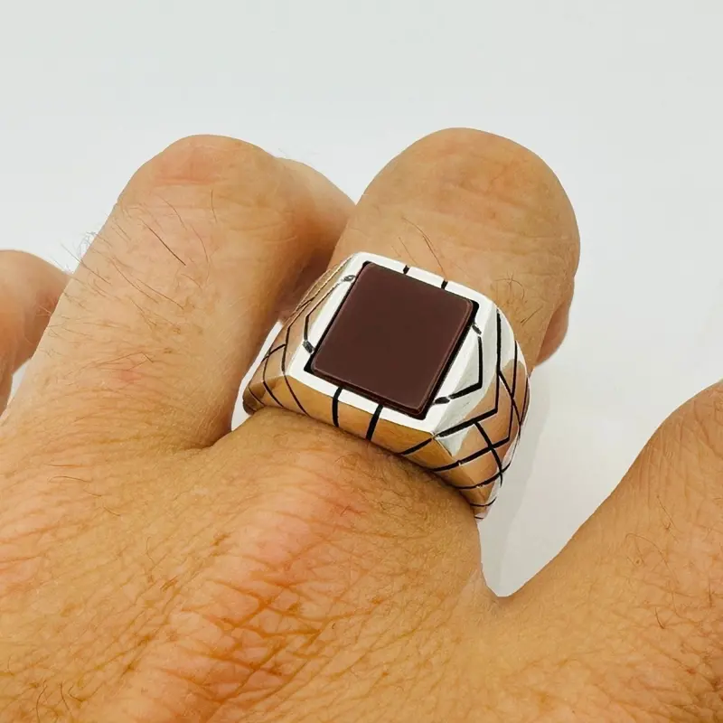 Men's Handcrafted Red Agate 925 Sterling Silver Ring - Classic Square Gemstone Jewelry