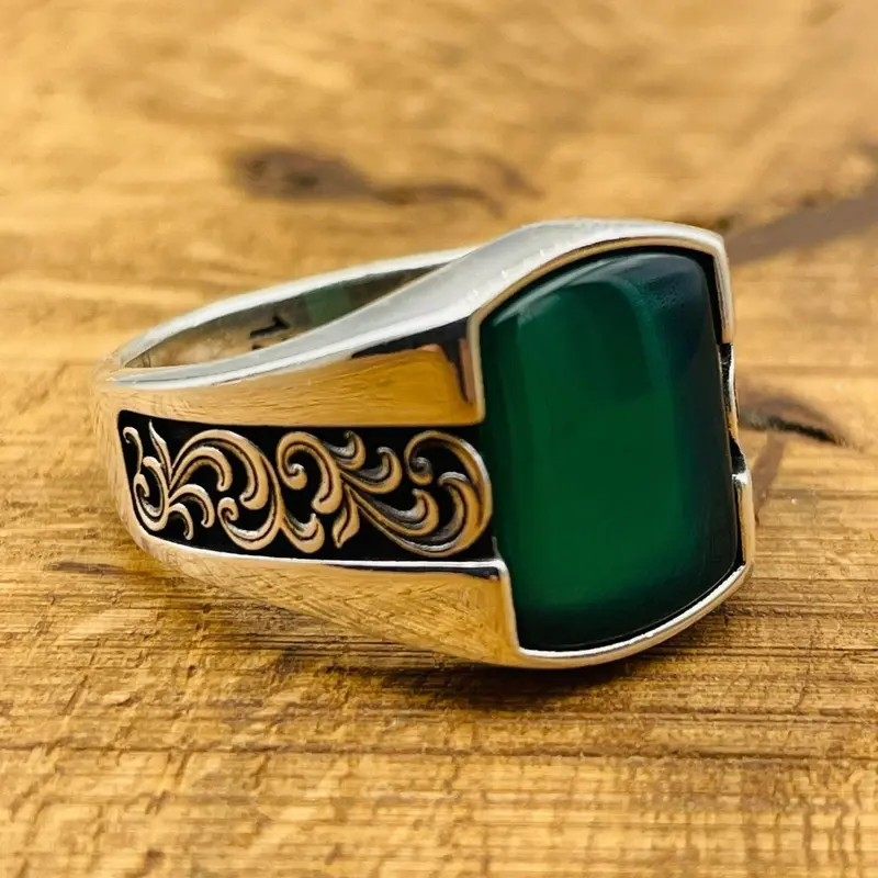 Men's Handmade Green Agate 925K Sterling Silver Ottoman Turkish Ring - Unique Gift for Him