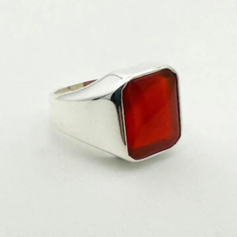 Men's Handmade Red Agate 925 Sterling Silver Square Ring - Natural Gemstone Statement Jewelry Gift