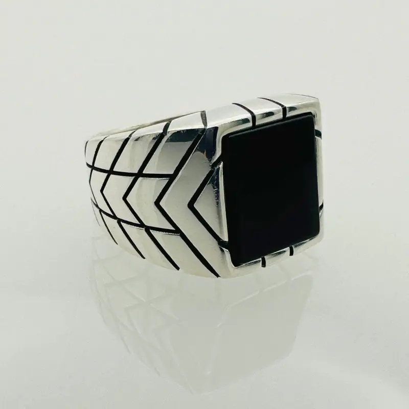 Men's Handmade Turkish 925 Sterling Silver Black Onyx Ring | Minimalist Square Design Gift