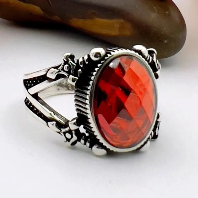 Men's Turkish Handmade 925 Sterling Silver Sword Ring | Red Zircon Stone Statement Jewelry