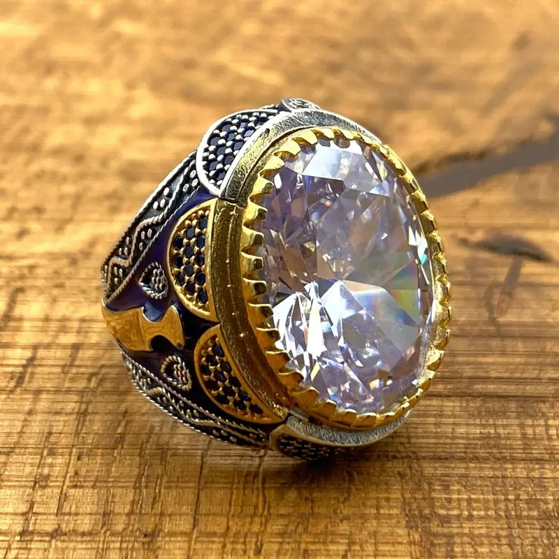 Turkish Handcrafted 925 Sterling Silver Men's Ring | Ottoman Style White Oval Zircon