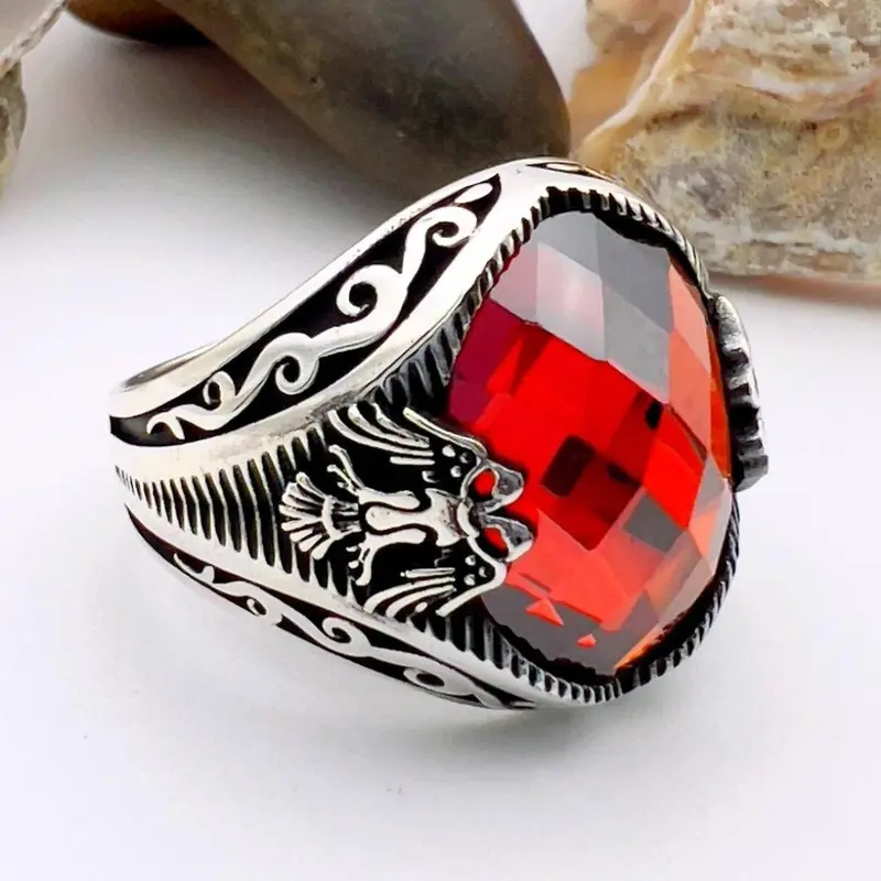 Turkish Handmade 925 Sterling Silver Double Headed Eagle Men's Ring with Red Zircon - Gift for Him